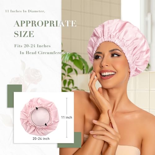 Reusable Shower Cap for Women, Large Waterproof Shower Bonnet Washable Elastic Band Bath Hair Hat for Long Hair, Braids(Pink) - Image 4