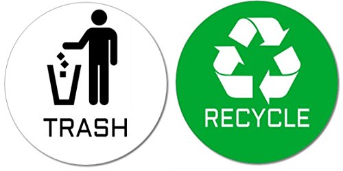 SecurePro Signs 2 Recycle & Trash Stickers (1 Trash + 1 Recycle) for Use on Trash Cans & Recycle Bins of All Types; 4 Inches Round with Adhesive on Back; Premium Quality (White Trash & Green Recycle)