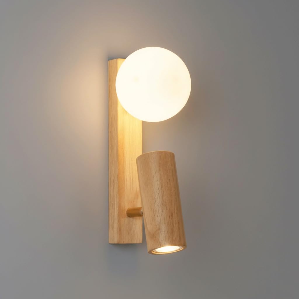 IvyLoutish Nordic Minimalist Solid Wood Wall Sconce, Frosted Glass Globe with G9 Bulb & Adjustable LED Reading Spotlight, Hardwired Dual Light Fixture for Bedroom, Living Room, Bedside