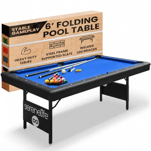 Image of SereneLife 6-Ft Folding Pool Table - Best in Stability - Steel Frame, Fully Supported Slate, Welded Leg Supports with Safety Anti Collapse Locks, 128LB Heavy Duty Billiard Game and Accessory Set