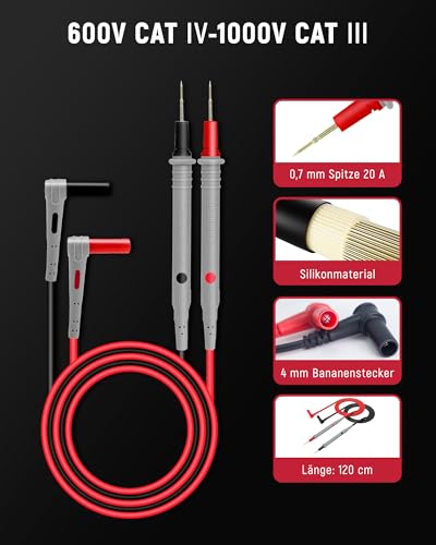 KAIWEETS Silikon-Messleitungen Multimeter-Sonden 48-Zoll-Silikonkabel Vergoldete Spitzen CAT III 1000V & CAT IV 600V 20A Kompatibel mit Digitalmultimetern & Zangenmessgeräten - KET20
