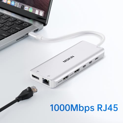 Image of USB C Laptop Docking Station Dual Monitor Dual HDMI 4K DP Triple Display Hub, 13 in 1 MOKiN USB C Hub with 3 Monitors, DisplayPort, USB 3.1, RJ45, 100W PD, Card Reader, Audio /Mic, for Dell HP, Sliver