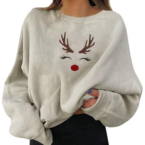 Weihnachtspulli Damen Weihnachts Pullover Christmas Oberteils Weihnachten Sweatshirt Lustig Xmas Pulli Warmes Sherpa Print Langarmshirt Drucken Bluse Sweater T-Shirt