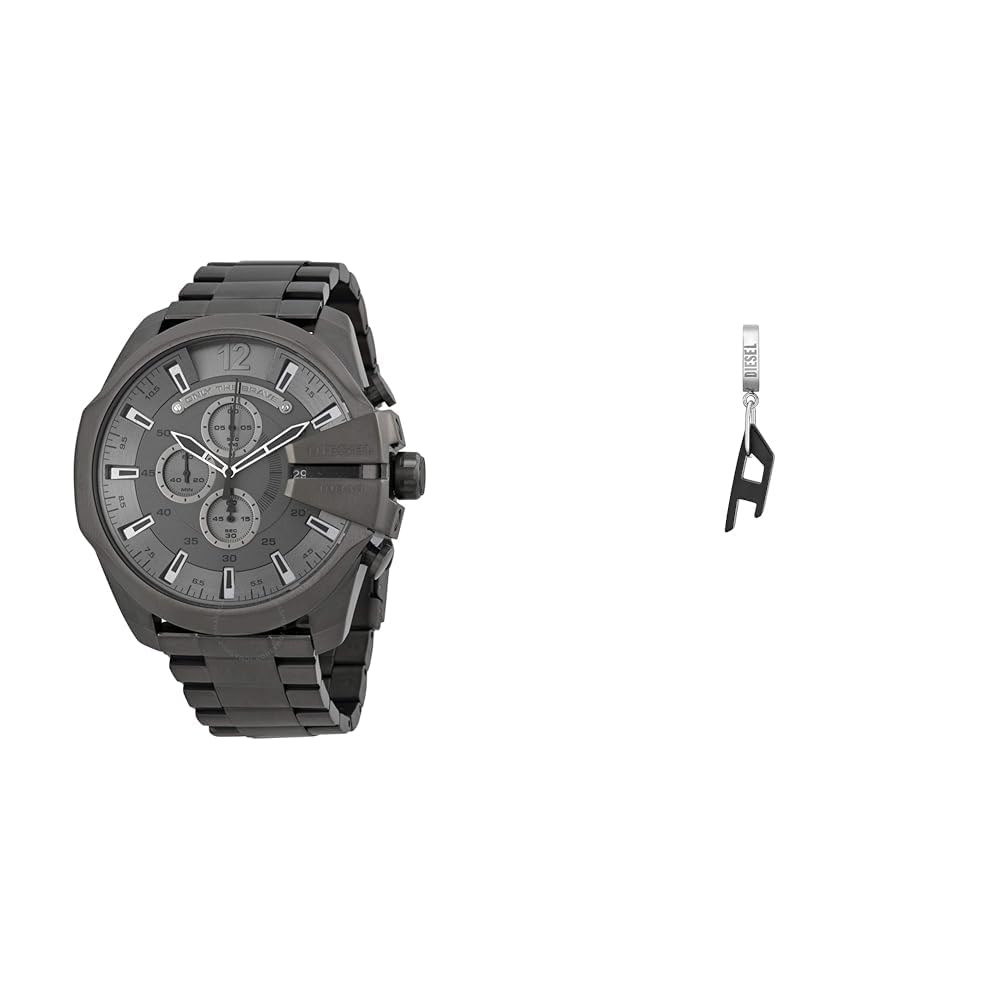 Diesel Hombre Mega Chief Gris Acero Inoxidable Reloj y Negro Pendientes, Set