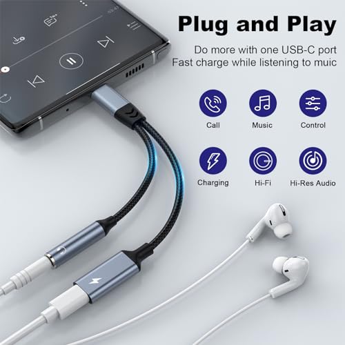 USB C to 3.5MM Headphone and Charger Adapter, 2-in-1 Type C to Aux Audio Jack Dongle Cable with PD 60W Fast Charging Dongle Cable, Compatible With iPhone 15 Pro Max,Galaxy S24 Ultra,Pixel, iPad Pro