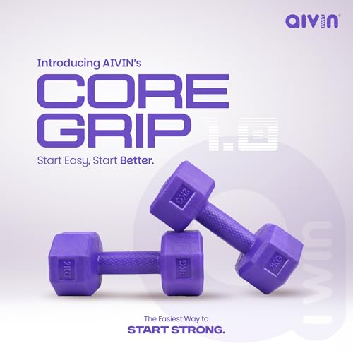 Image of AIVIN Coregrip 1.0 PVC Dumbbells I Set of 2 (2kg Each) I Hexagonal No-Roll Design with Easy-Grip Coating I Professional Home Gym Equipment for Strength Training, Pilates & Aerobics (Purple)