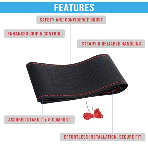 Image of KINGSWAY PU Leatherite Car Steering Cover Sewable Compatible with Ford Figo (Year 2008-2014), Black Color with Red Thread, Pack of 1 with Sewing Needle and Thread