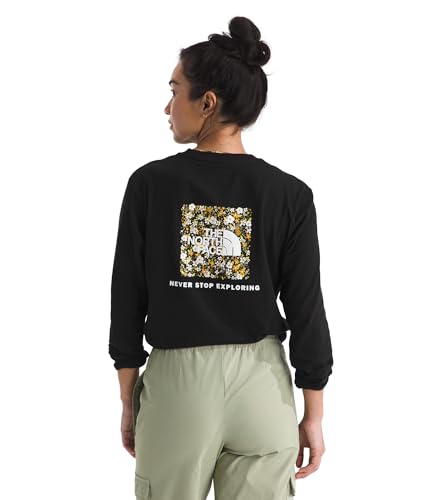 THE NORTH FACE Women's Evolution Floral Box NSE Long Sleeve Tee | Regular Fit Everyday Shirt with Logo Graphic & Set in Sleeves TNF Black