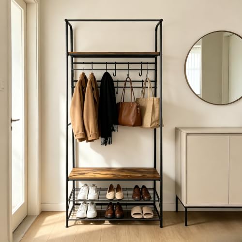 Entryway-Hall-Tree-with-Shoe-Rack-Industrial-Coat-Rack-Storage-Bench-Sturdy-metal-frame-6-staggered-hooks-hold-11-lbs-each-2-tier-shoe-shelf-fits-8-pairs-Quick-20-min-assembly
