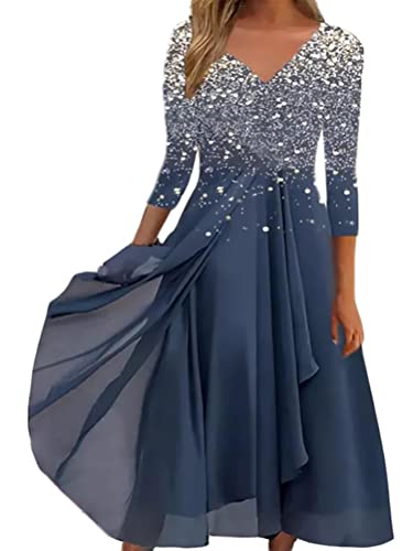 Minetom Robe Longue pour Femmes Col V Midi Robe Taille Haute À Imprimé Floral Cocktail Party Manches Longues Robe De Soirée pour Mariage A2 Bleu Clair XL