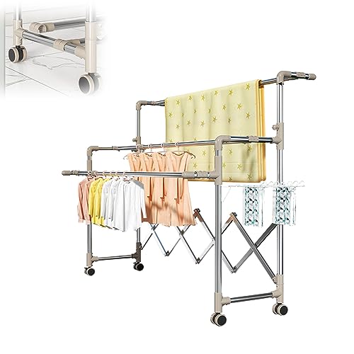 折りたたみ物干しラック 物干し 窓 物掛けフック 伸縮式多機能ハンガーラック、バスタオルハンガー伸縮可能 バルコニー乾燥靴台、シャワーカーテンロッド、 キャスター付き、タオルハンガー付き、風に強い、屋内と屋外、バルコニーで使用可能 (Color : Sil