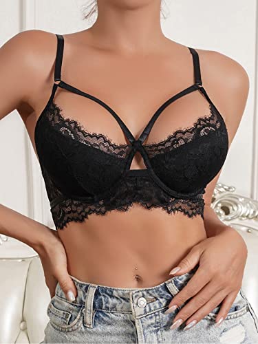 RoseSeek Sutiã feminino de renda floral com aro recortado sutiã push-up sexy sutiã diário, Preto, G