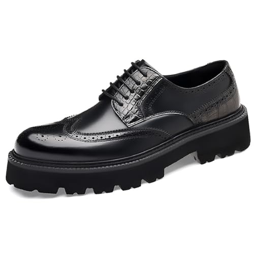 Men's Genuine Leather Wingtip Brogue Dress Oxford Shoes Comfor Breathable Round Toe Slip On Lug Platform Lace Up Formal Shoes for Business Work