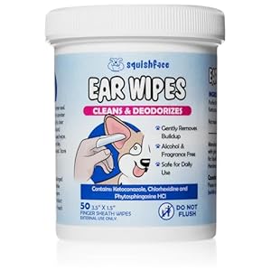 Squishface Dog Ear Relief Individual Finger Sheath Wipes – Non-Allergenic Ingredients & Irritation-Reducing Formula Cleans & Deodorizes, Helps Prevent Ear Itch & Odor – for All Breeds! (50 Count)