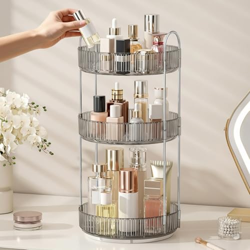 Image of JD FRESH 360 Degree Rotating Makeup Organizer 3 Layer Cosmetic Storage Box Vanity Stand with Drawers for Lipsticks Skincare Perfume Bathroom Countertop Dressing Table Organizer (Light Grey)