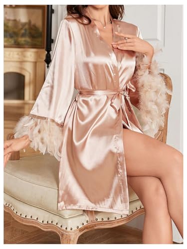 GORGLITTER Women\'s Sexy Feature Silk Robes Satin Bridal Kimono Nightgown Robes Party Bridesmaid Bathrobes Champagne Small