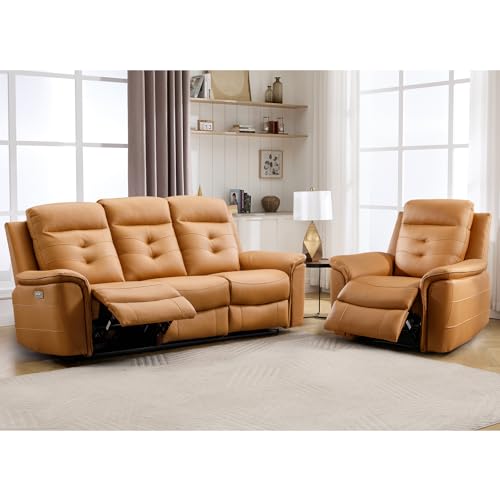Image of ANJ 2-Piece Oversied Faux Leather Power Recliner Sofa Set with Charging Port, Include Single Recliner Chair and Electric 3-Seater Reclining Couches for Living Room, Yellow
