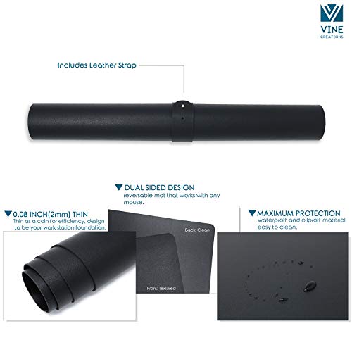 Leather Desk Pad 24" X 17", Vine Creations Office Desk Mat Waterproof Black, Smooth Pu Leather - Mouse Writing Surface - Small Protector Dual-Sided Small Blotter For Desk Office/Home #TOP4