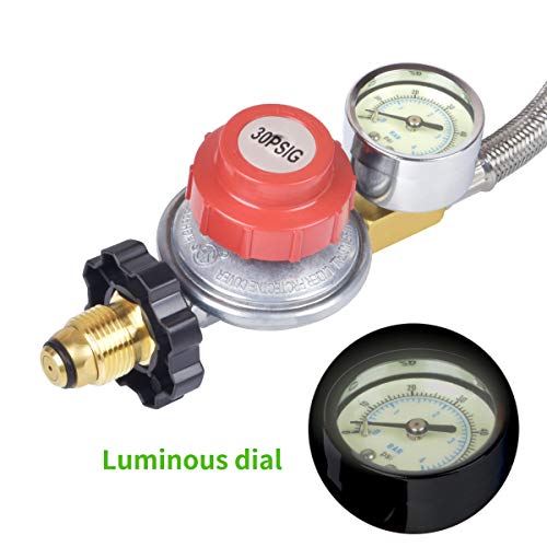 Generep 0-30 PSI Adjustable Propane Tank Regulator,12 Foot High Pressurepropane Hose with Gauge/Indicator,More Durable Stainless Steel Braided Gas Hose and LP Gas Regulator(12 FT) - Thumbnail 2