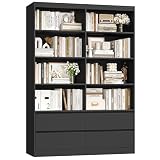 FINETONES 71' Black Bookshelf with Drawers, 47.3' Double Wide Bookshelves and Bookcases with Storage, Tall Bookshelf Large Open Book Shelf Standing Book Case for Home Office, Black
