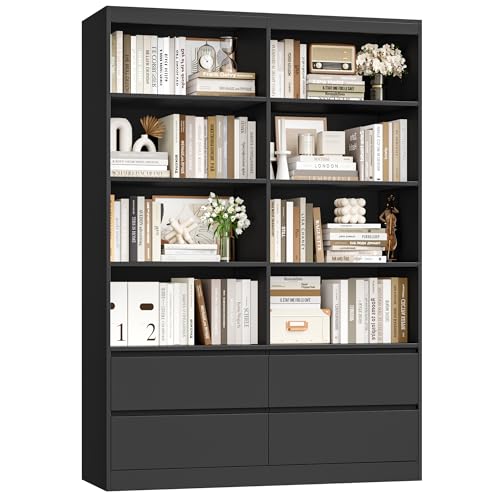 FINETONES 71" Black Bookshelf with Drawers, 47.3" Double Wide Bookshelves