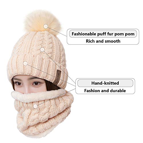 Lcztn Womens Pom Beanie Hat Scarf Set Girls Cute Winter Ski Hat Slouchy Knit Skull Cap With Fleece Lined #TOP1