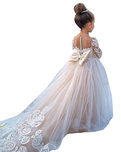 Laces Long Sleeve Flower Girls Dress Tulle Applique Pageant Dress Puffy Communion Gown TZ023