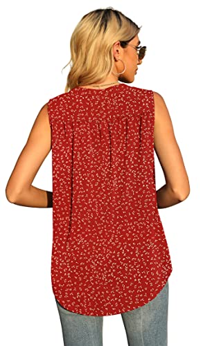 Quezhu Dressy Tank Top For Women Summer Casual Chiffon Loose Blouse V Neck Sleeveless Polyester Top,Flower Wine Red,Large #TOP3
