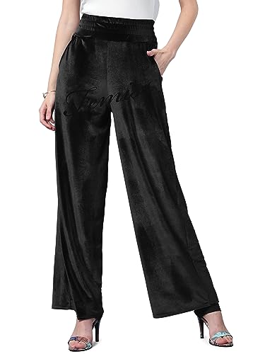 Ladies Velvet Trousers Elasticated High Waisted Pull On Palazzo Loose Pants with Pockets Women Wide Leg Trousers Stretchy Soft Fabric (Black-XXL)