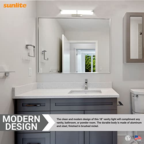 Image of Sunlite 85119 18-Inch LED Linear Vanity Light Fixture, 15 Watts (80W=), 950 Lumens, Color Selectable 30K /40K /50K, Dimmable, ETL Listed, Brushed Nickel, for Bathroom, Hallways & Walls