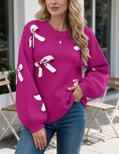 Image of Libsorge Womens Oversized Cute Bows Crewneck Pullover Sweater | Fall Winter Trendy Long Shoulder Balloon Sleeve Cozy Knit Baggy Printed Dressy Casual Valentines Day Vintage Sweaters