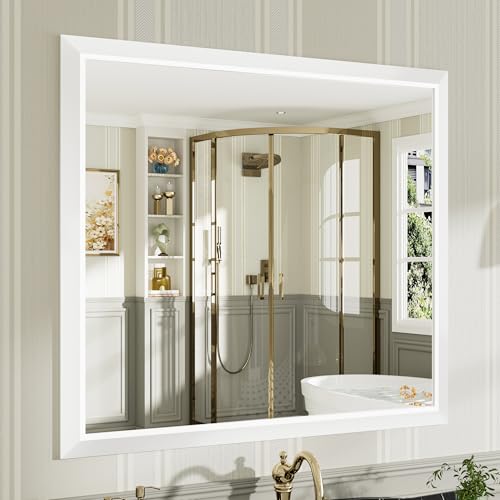 40x36 Inch White Bathroom Mirror for Wall, Thick Metal Framed Rectangle Mirrors for Over Sink, Bedroom, Living Room, Entryway, Anti-Rust, HD Tempered Glass