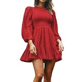 Damen Herbst niedlich Puff Lange Ärmel Tiered Smocked Kleid Swing Volant Tunika Minikleid Vielseitiges Babydoll Kleid (EU Größe L Asia XL,Rot)