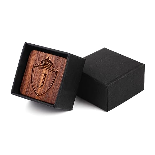 Image of Mens Initial Silver Cufflinks A-Z Alphabet Letter Steel Cuff Links with Engraved Walnut Wood Box Groom Groomsman Wedding Set
