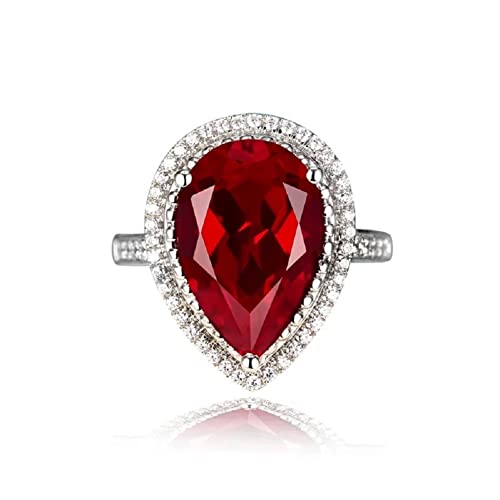 ASFKIPMF Halo Teardrop Pear Shape Simulated Cubic Zirconia Bridal Ring Ruby Garnet Ring 925 Sterling Silver AAA Zircon Red Gem pear Shaped Rhodium Plated Promise Ring for Her Valentine's Day Size 8