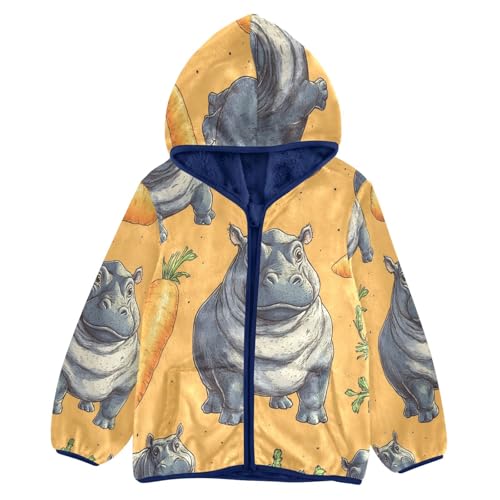 Hippo and Carrot Pattern Toddler Fleece Jacket Girl Boys Hooded Fleece Jacket Coat Warm Outwear Zip-up 3-10T