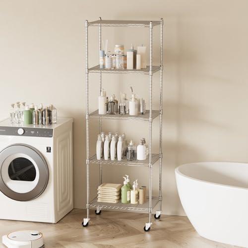 Image of Garage Shelving with Wheels, 5 Tier Shelving Unit and Adjustable Feet, 865 lb High Capacity Rolling Storage Shelf for Kitchen, Office, Dining Room, Garage(23.6 inchx 17.7 inchx 72 inch), Chrome