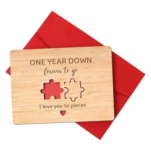 Holz Jubiläumskarte mit Umschlag, 15x11 cm Karte zum 1. Hochzeitstag, Glückwunschkarte zum Jubiläum, Hölzerne Grußkarte Bambuskarte, Happy Anniversary Karte Holz für Ehemann Ehefrau Freundin Freund