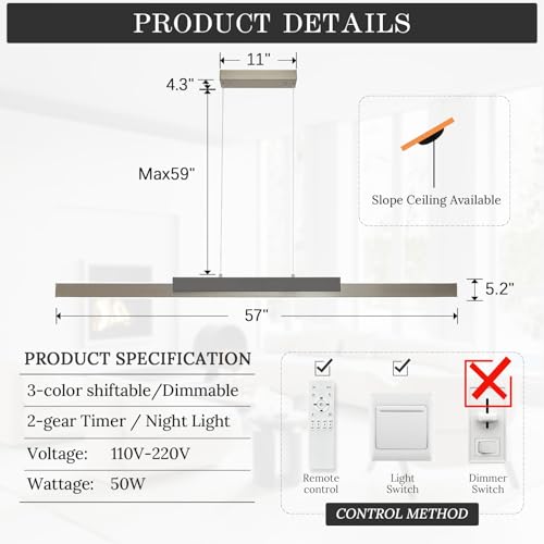 Modern LED Linear Pendant Light 57in Brushed Nickel Island Light Wood Dimmable Hanging Light Kitchen Lighting for Dining Room Kitchen Island Home Office by CaraLuxe - Used condition - Image 6