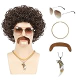 Parceria 70s 80s Disco Wig 6 Pcs Set, Short Curly Afro Wigs for Men, Vintage Natural Fluffy Synthetic Wig for Disco Costume Party Hippies Rocker Cosplay Costume (Dark Brown)
