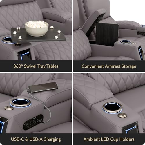 Image of Seatcraft Apex Gray Italian Leather Home Theater Seating, Zero Gravity Power Recliner Chair, Powered Headrest and Lumbar Gaming and Lounge Sofa Furniture for Cinema Room, Row of 2 Loveseats