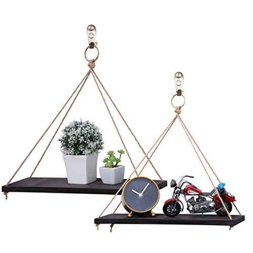 PENGKE Rope Hanging Floating Shelves, Rustic Wood Wall Decor Swing Shelf with 2