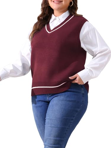 Image of Agnes Orinda Plus Size Sweater Vest for Women V Neck Stripe Cable Knit Sleeveless Pullover Sweater Vest
