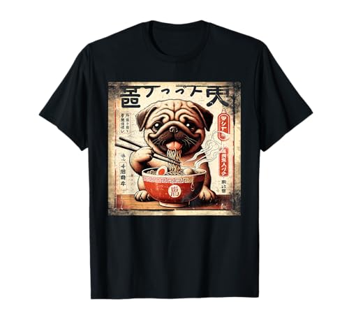 Pug Eating Ramen Vintage Japanese Art Dog Graphic T-Shirt