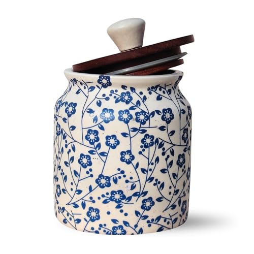 Image of Vistas 'Heritage Blue' Airtight 420ml Set of 3 Ceramic Jar for Kitchen Storage | Handcrafted Ceramic Barni with Wooden Lid | Multipurpose Pickle, Spice & Salt Container