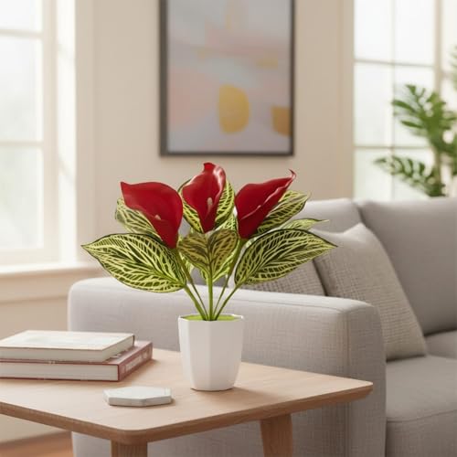Image of fancymart Artificial Calla Lily Plant with Pot - 30 cm Height Decorative Flower Leaves (Pack of 1) | Realistic Faux Plant for Home & Office Decor | Table, Shelf & Desk Decoration