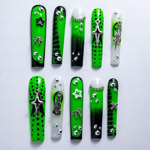 IntoVibes 10 Pieces Handmade Luxury Punk Style Long Press On Nails With Square Design, Guitar And Bow Tie, Green Thickened False Nails, Reusable Fake Nails, Acrylic Nails (S) — view 2
