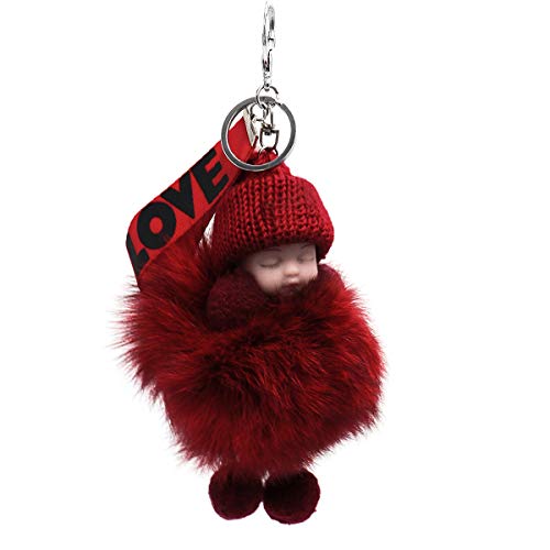 Surell Genuine Fox Fur Baby Keychain - Pom-Pom Bag Purse Charm - Silver Ring Fluffy Fur Ball - Fashion Gift (Red) #TOP5