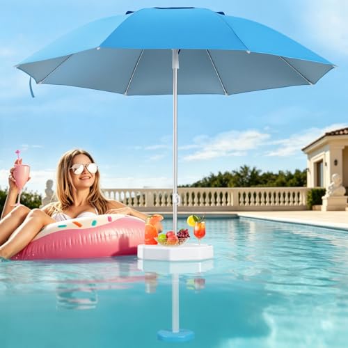 MaiMaiMonster Floating Pool Umbrella with Weighted Base & Cup Holders Adjustable In Pool Umbrella for Inside of Pool Portable UV Sun Shade & Floating Table for Swimming Pool Beach Lake Blue