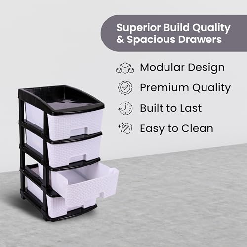 Image of Plastic Modular Drawer Storage Chest Of Drawers Organizer Storage Box, Large Stomo Racks For Multipurpose Anti-slip Shoes Organizers (White & Black, 4 Layer)